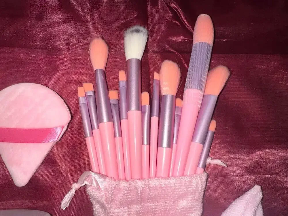 Pink Makeup Brush Set with Pouch, Powder Puffs, and Foundation Brush in Case